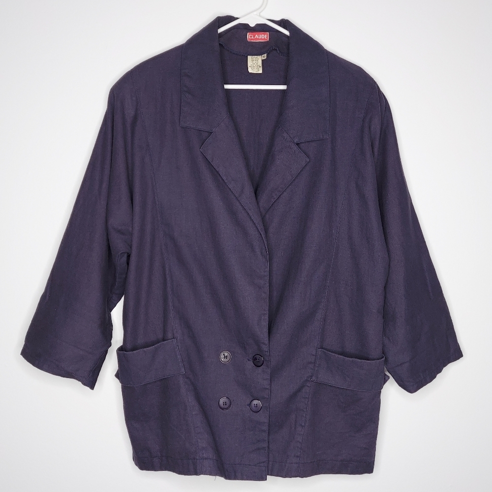 Claude Vtg Jacket Womens 10‎ Relaxed Dbl-Breasted Button Navy 3/4 Pocket V-Neck